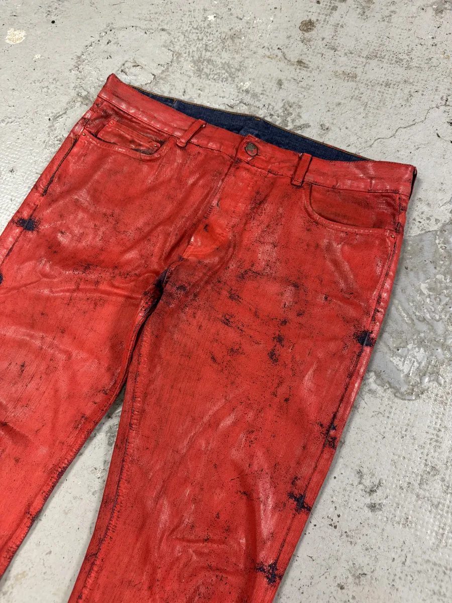 2012 Maison Margiela H&M Red Painted Slim Denim Jeans - Image 8