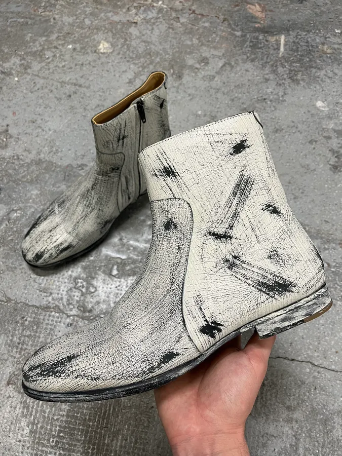 2012 Maison Margiela H&M Painted Cracked White Boots