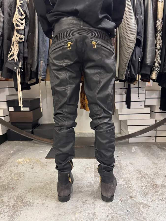 2015 Balmain H&M Black Leather Biker Pants by Olivier Roustaing - Image 3