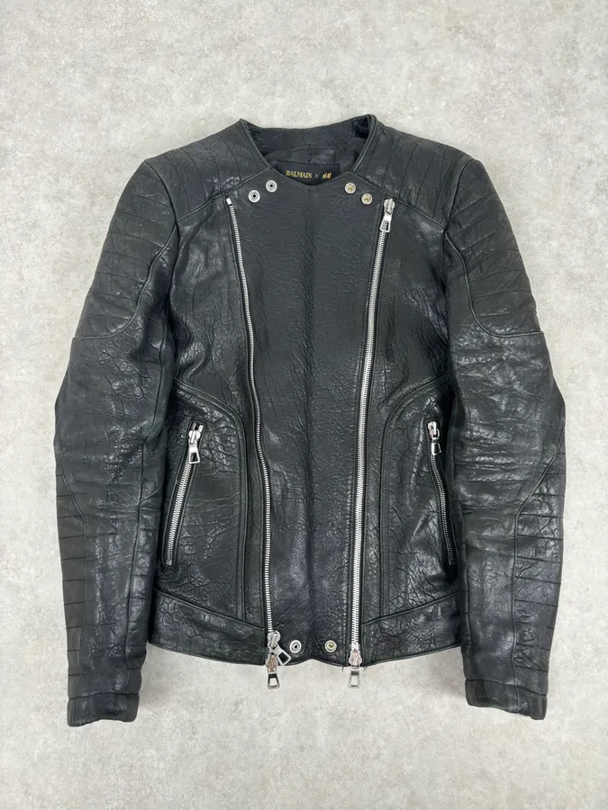 2015 Balmain H&M Black Leather Horpist Avant-Garde Rock Jacket - Image 4