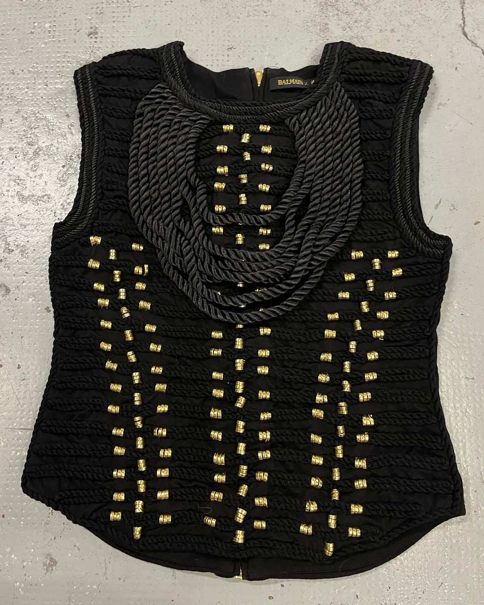 2015 Balmain H&M Gold-Beaded Black Tank Top