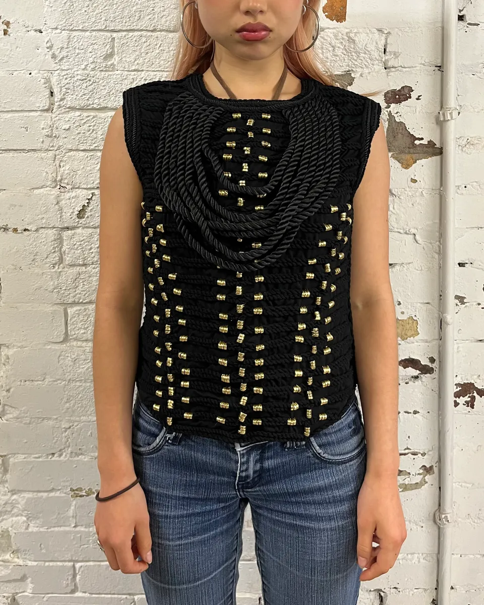 2015 Balmain H&M Gold-Beaded Black Tank Top - Image 3