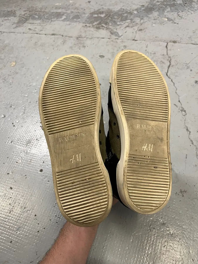 2015 Balmain H&M Khaki Suede Lace-Up Sneakers - Image 6