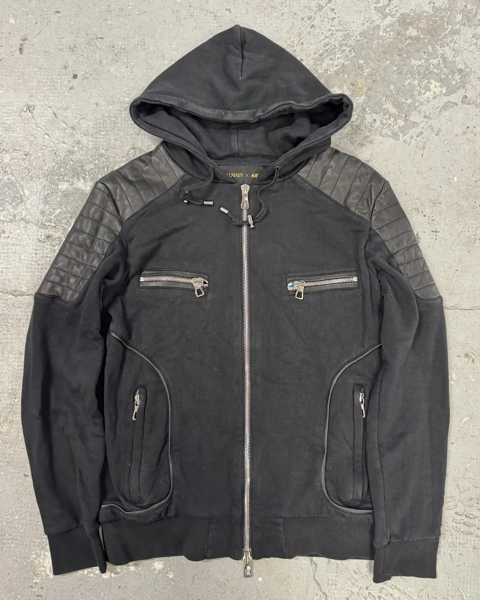 2015 Balmain H&M Black Hybrid Leather Padded Zip-Up Sweater