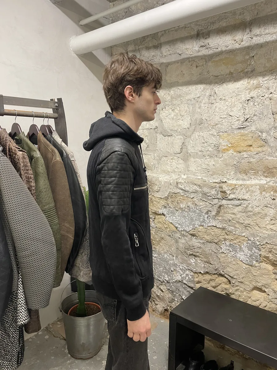 2015 Balmain H&M Black Hybrid Leather Padded Zip-Up Sweater - Image 6