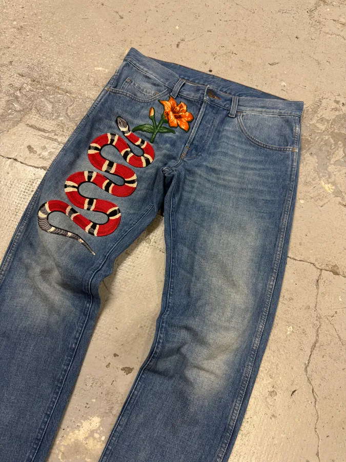 2016 Gucci Snake Emboired Denim Jeans - Image 2