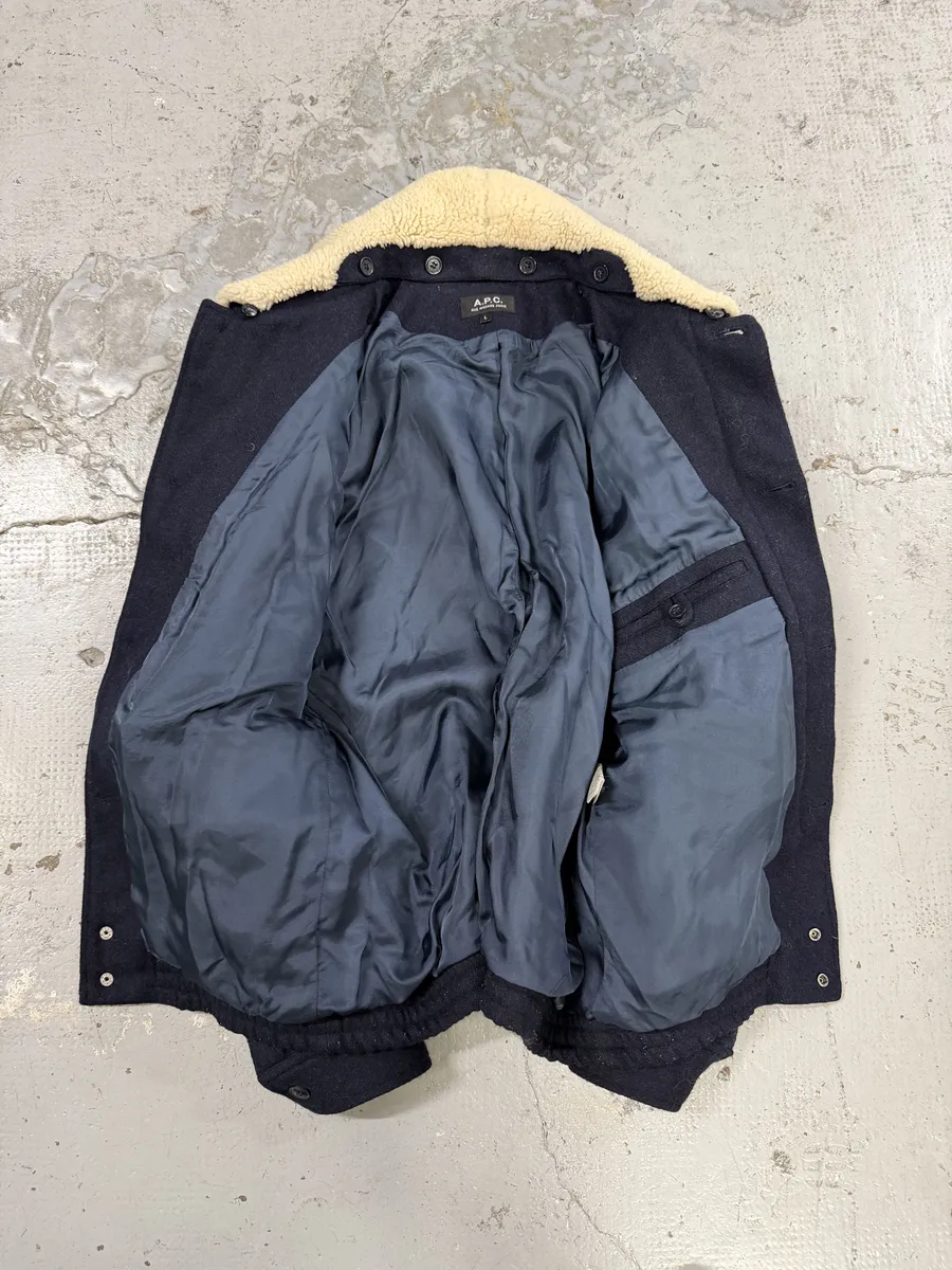 A.P.C Navy Beige Fur Collar Classy Jacket - Image 7