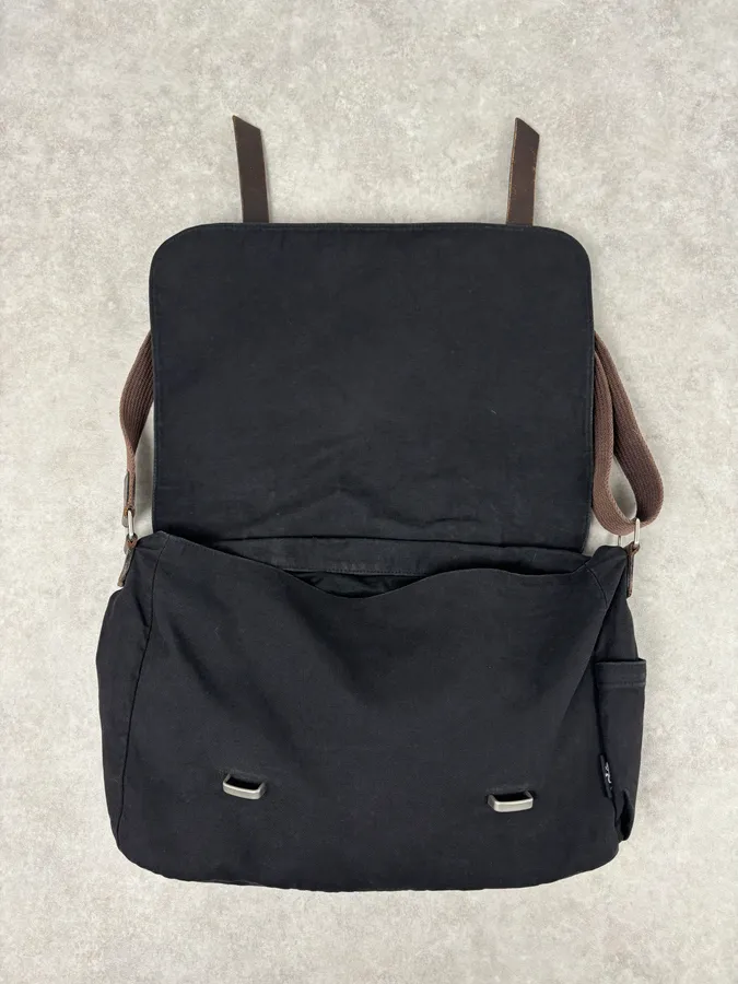 Agnes b Black Canvas Leather Strap Messenger Bag - Image 7