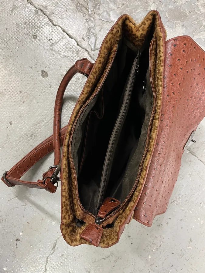 Archive Artisanal Brown Ostrich Embossed Leather Leopard Effect Bag - Image 7