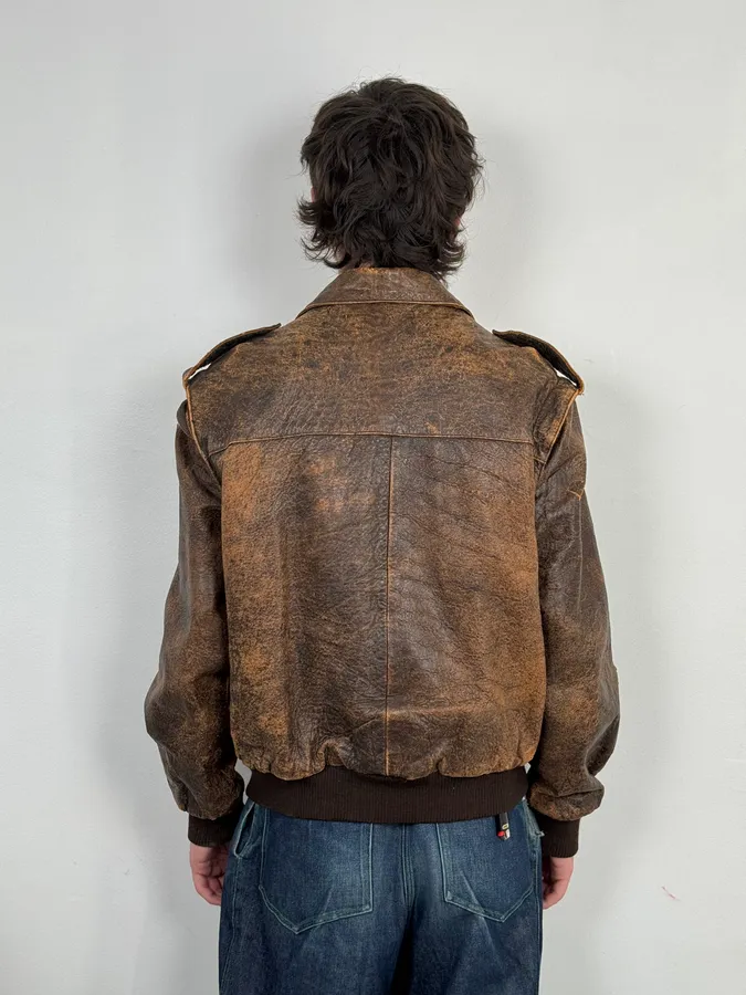 Archive Brown Eroded Leather Jacket with Detachable Sleeves - Image 3