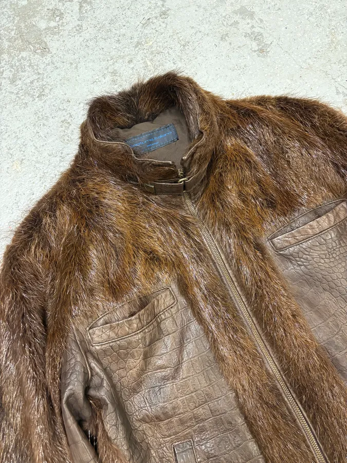 Archive Faux Fur Hybrid Brown Biker Leather Jacket - Image 5