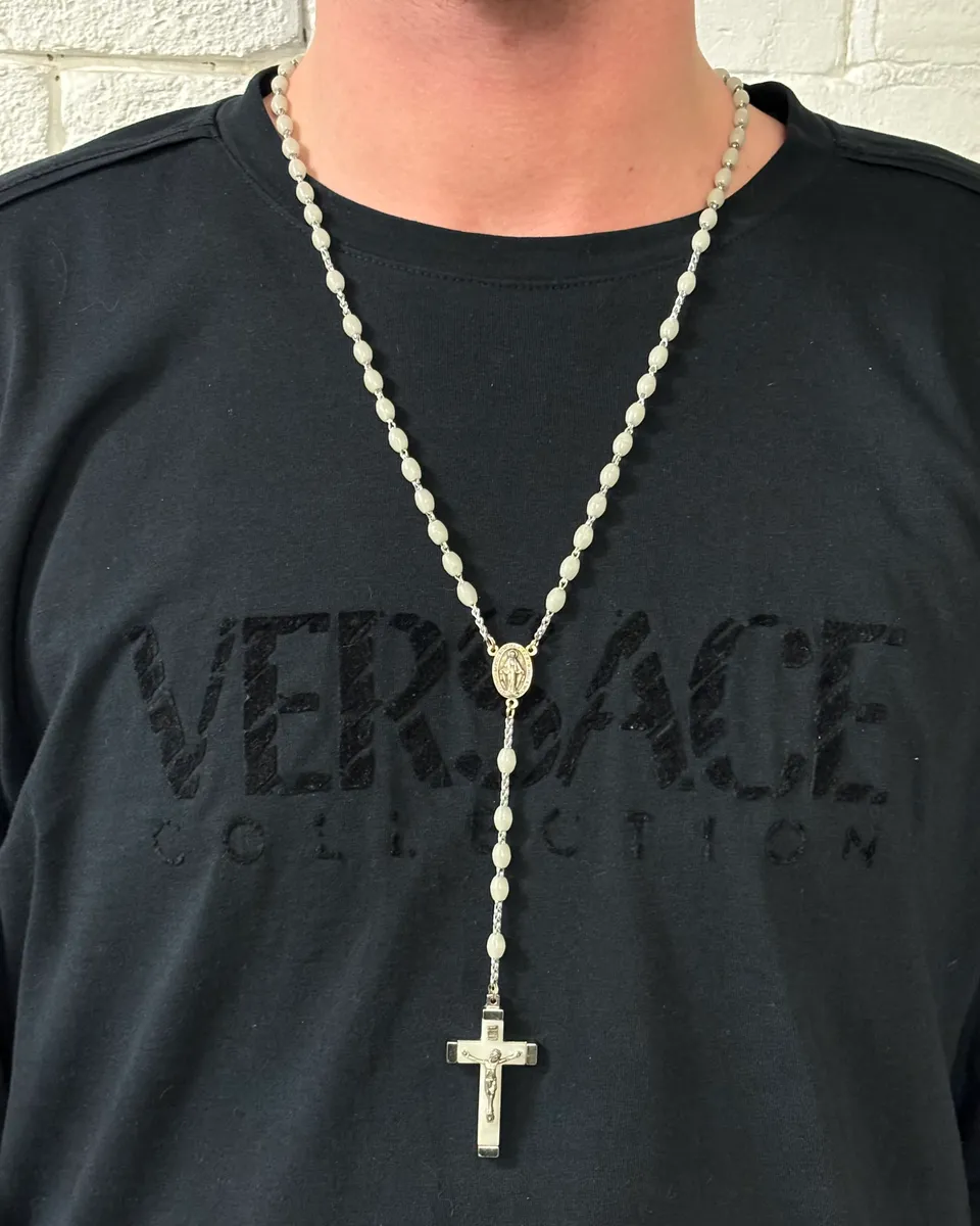 Archive Italian White Beaded Metal Rosary Cross Necklace - Image 2