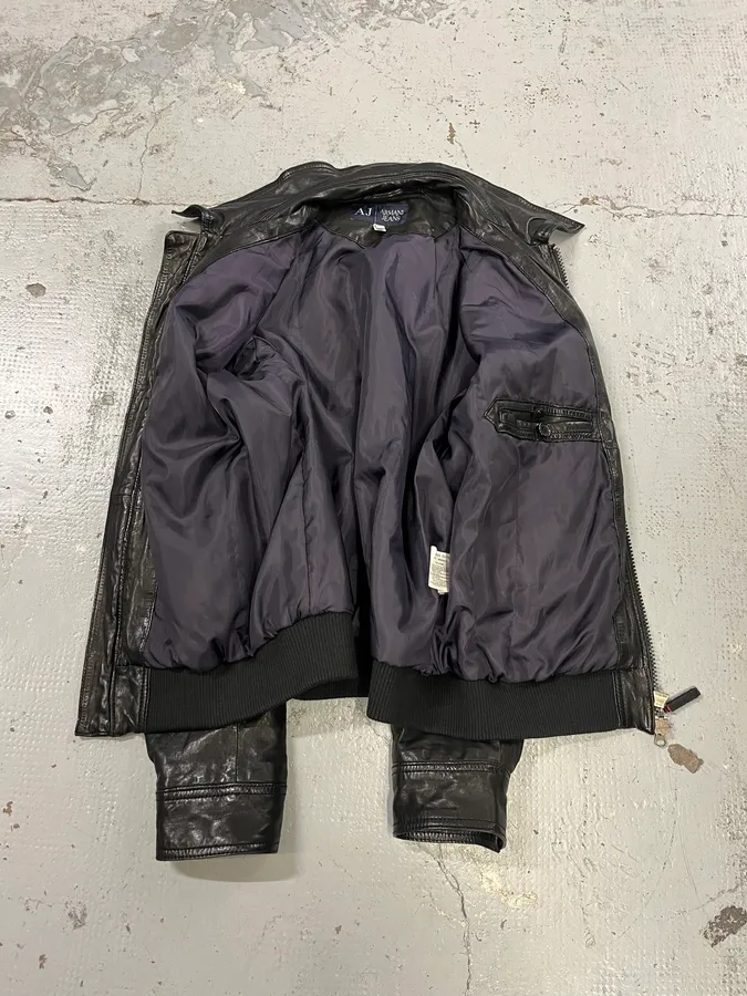 Armani Black Leather Bomber Jacket - Image 7