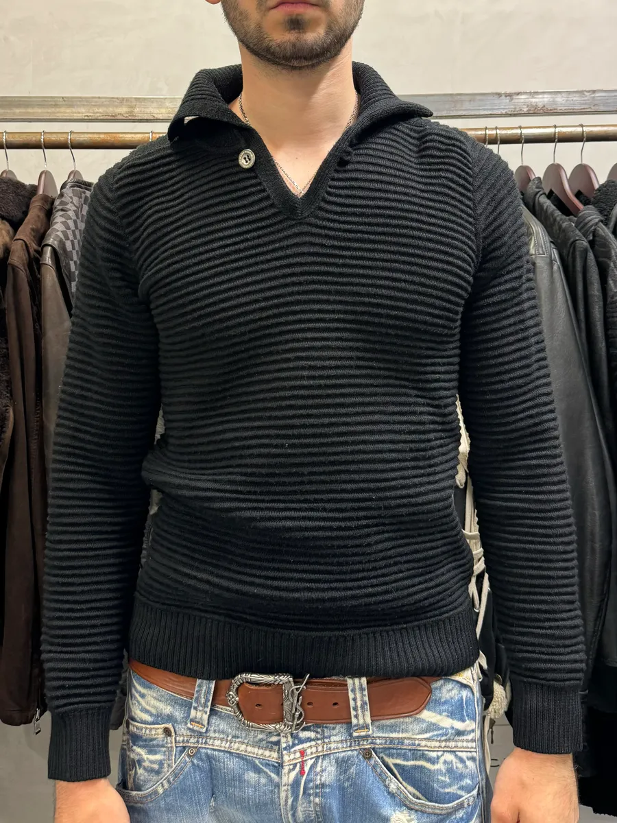 Armani Black Pleats Horizontal Polo Longsleeves - Image 2