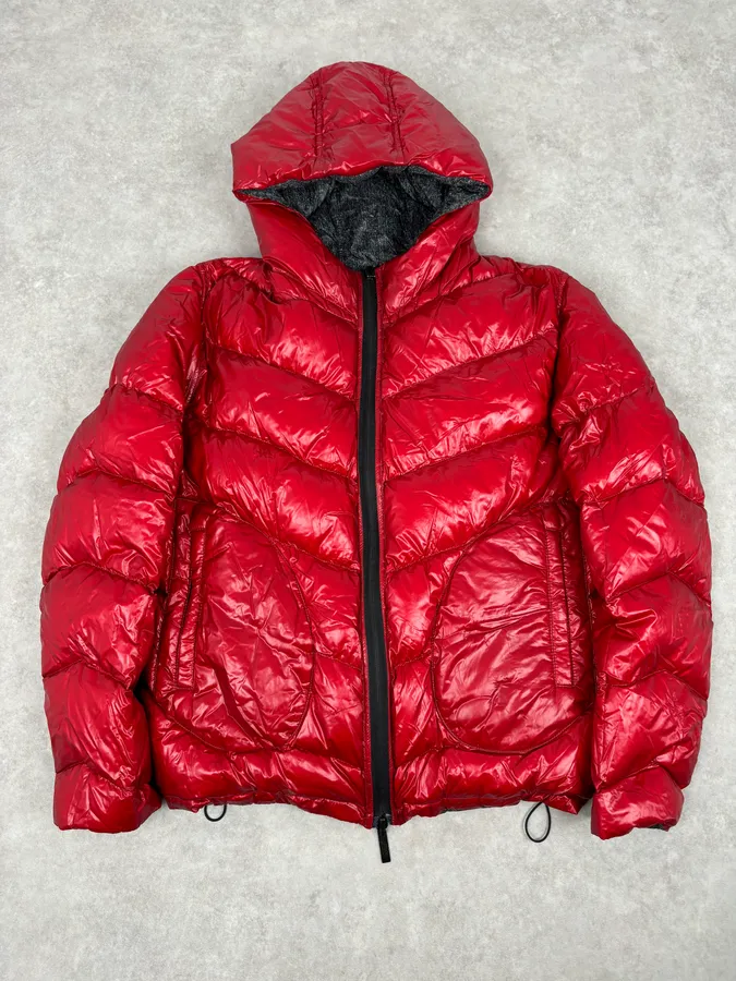 Armani Collezioni Grey Red Nylon Reversible Quilted Puffer Jacket