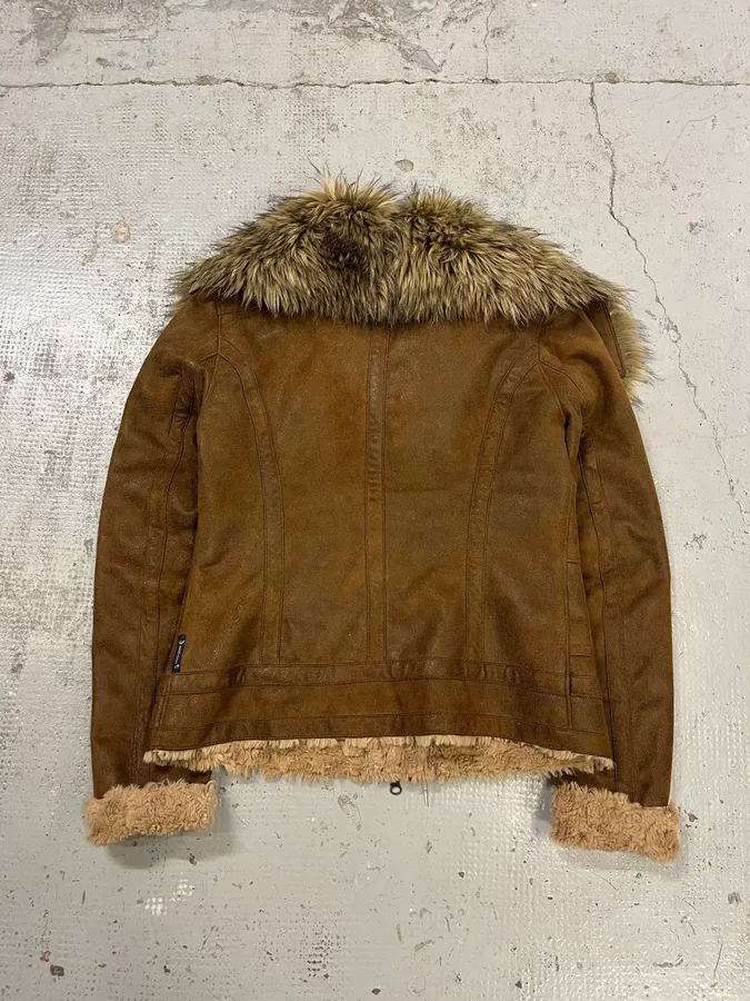 Armani Faux Fur Collar Brown Leather Jacket - Image 7