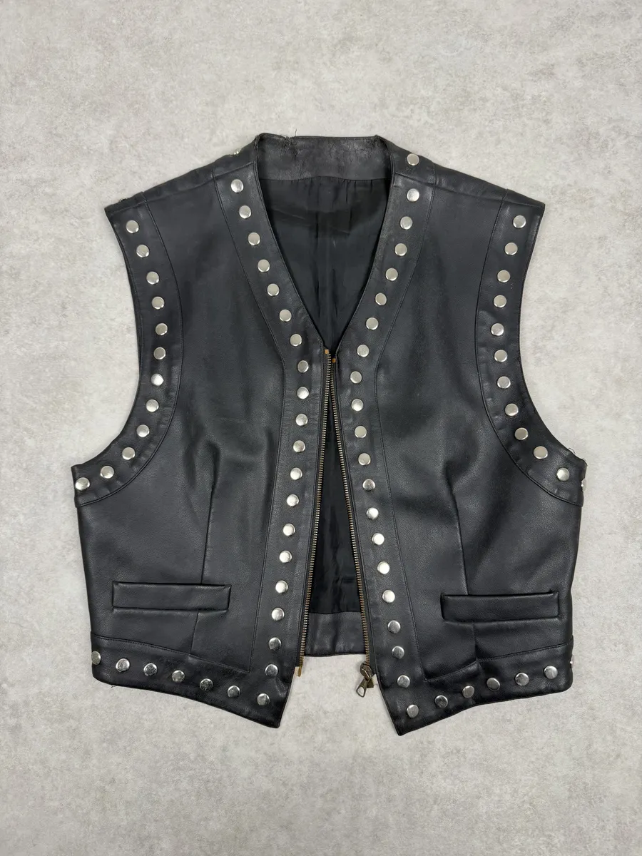 AW1993 Dolce & Gabbana Black Studded Sleeveless Leather Biker Waistcoast Vest - Image 5