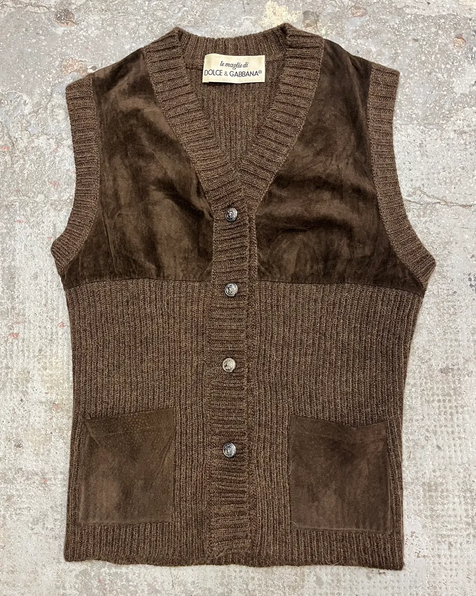 AW1993 Dolce & Gabbana Wool Leather Brown Sleeveless Cardigan