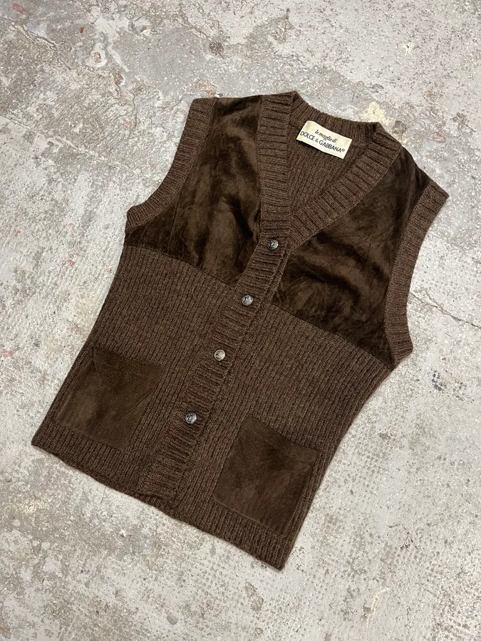 AW1993 Dolce & Gabbana Wool Leather Brown Sleeveless Cardigan - Image 5