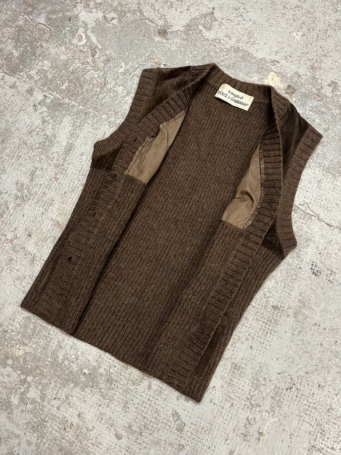 AW1993 Dolce & Gabbana Wool Leather Brown Sleeveless Cardigan - Image 6