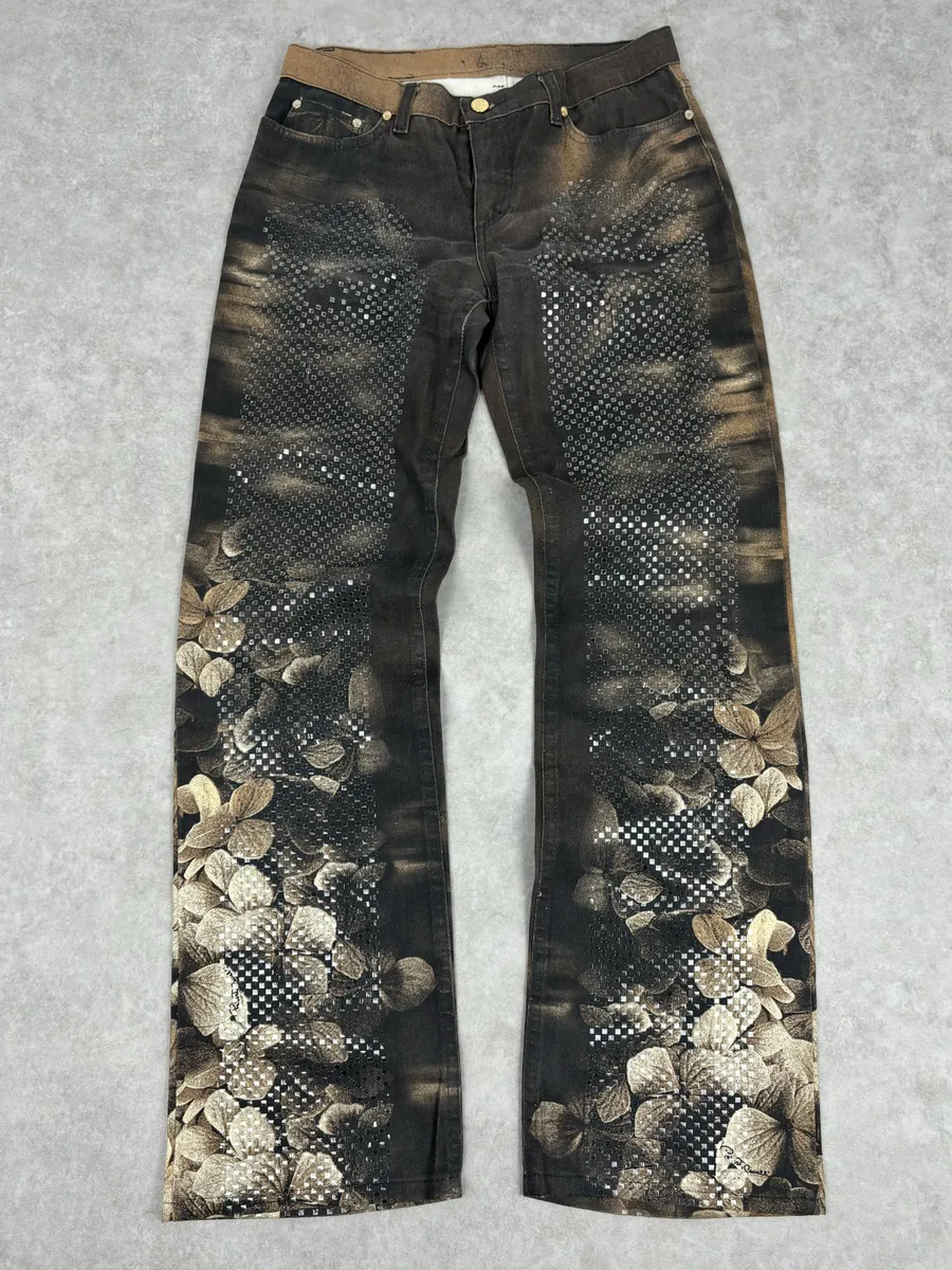 AW1999 Roberto Cavalli Grey & Gold Spectrum Flower Straight Jeans