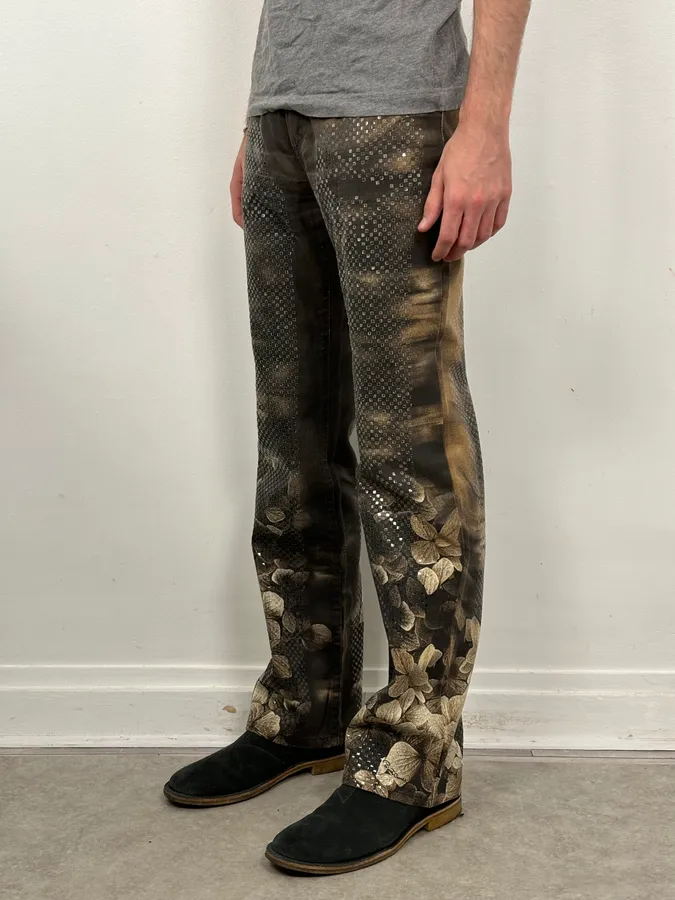 AW1999 Roberto Cavalli Grey & Gold Spectrum Flower Straight Jeans - Image 3