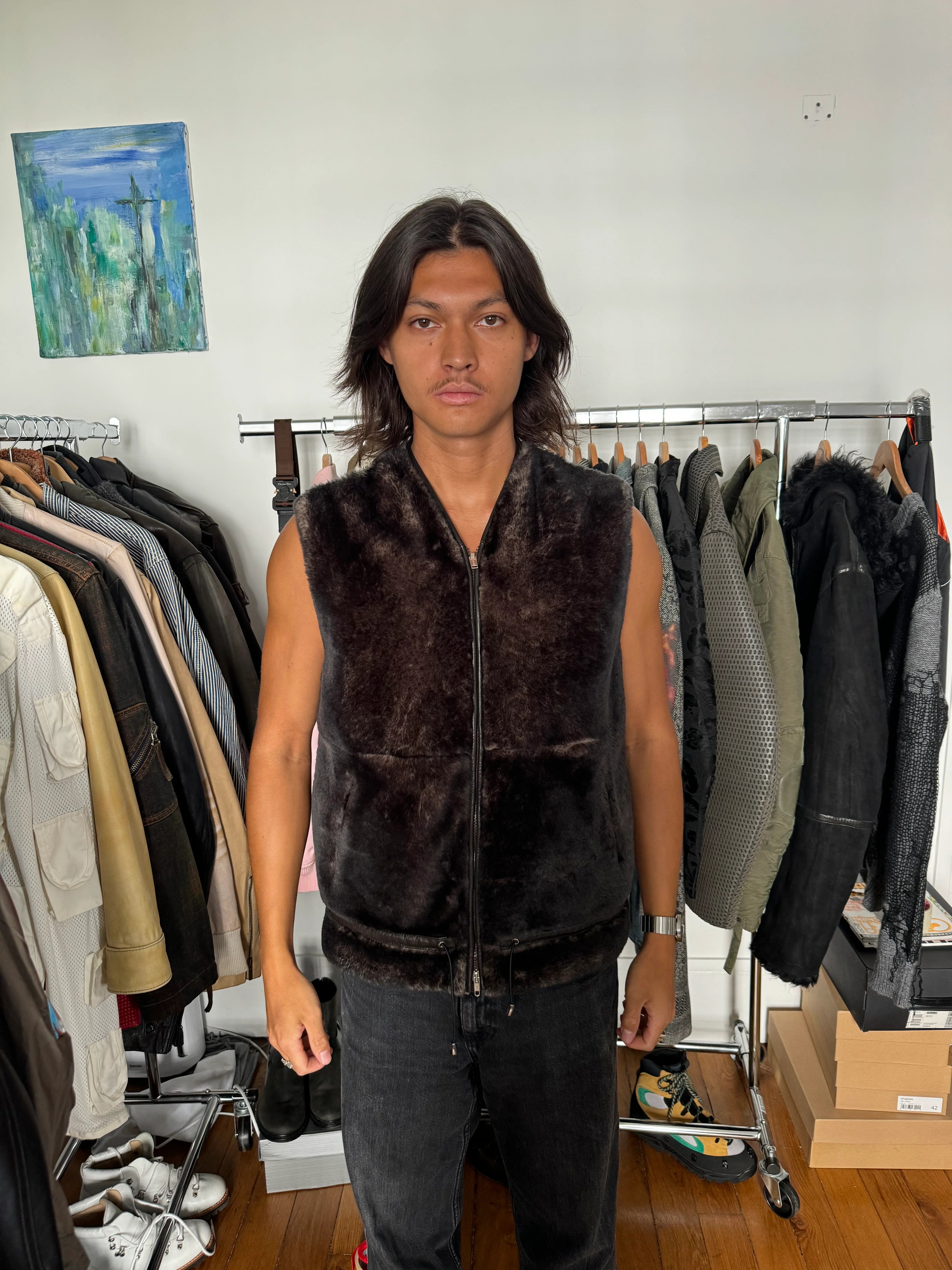 AW2000 Gianfranco Ferré Fur Leather Sleeveless Jacket (L) - Image 3