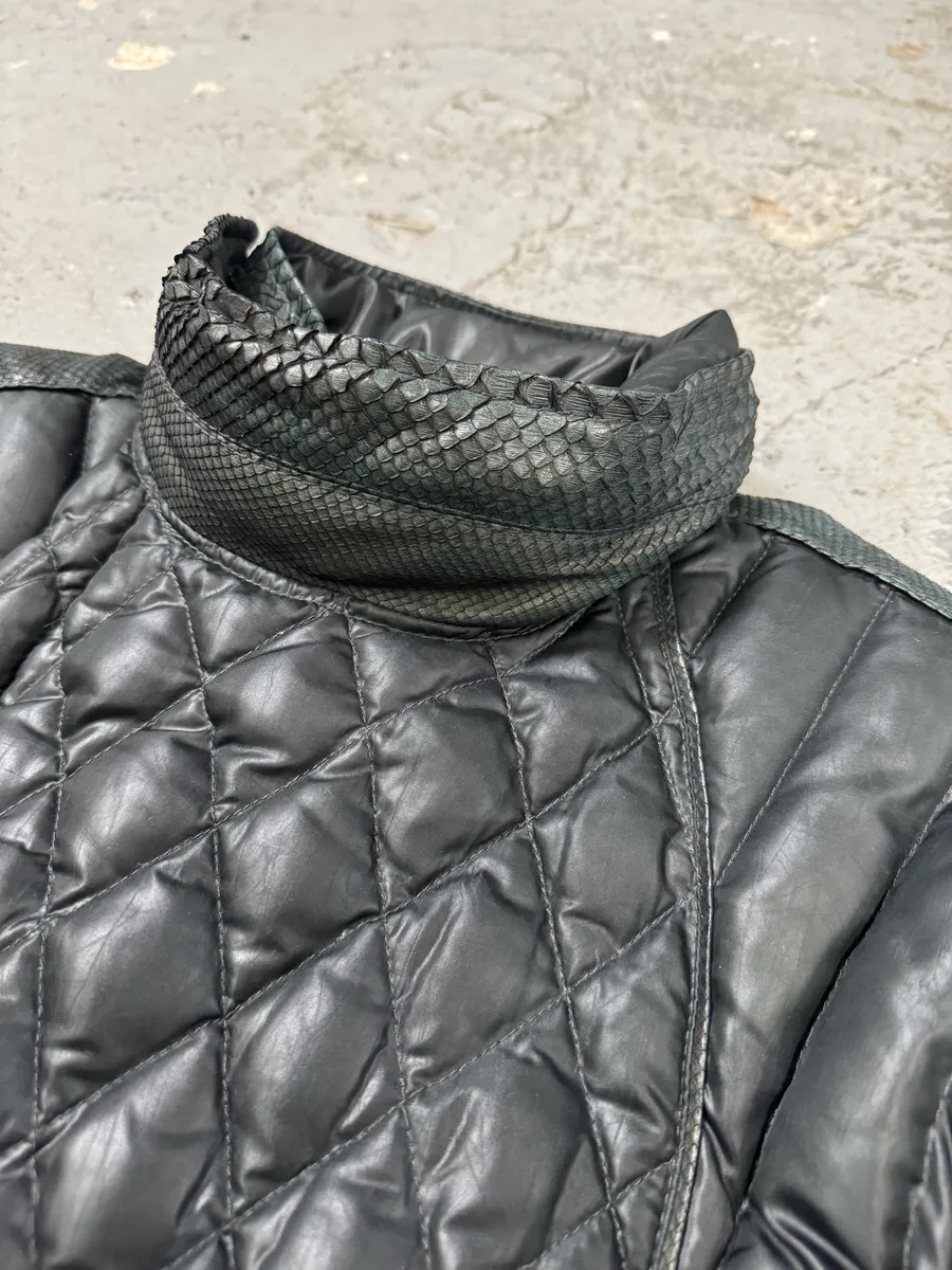 AW2000 Roberto Cavalli Asymmetrical Ninja Python Dark Green Puffer Leather Jacket - Image 9