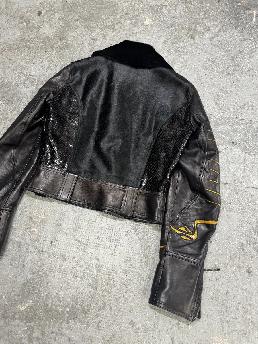 AW2000 Roberto Cavalli Bones Arms Fur & Python Effect Leather Asymmetrical Jacket - Image 14
