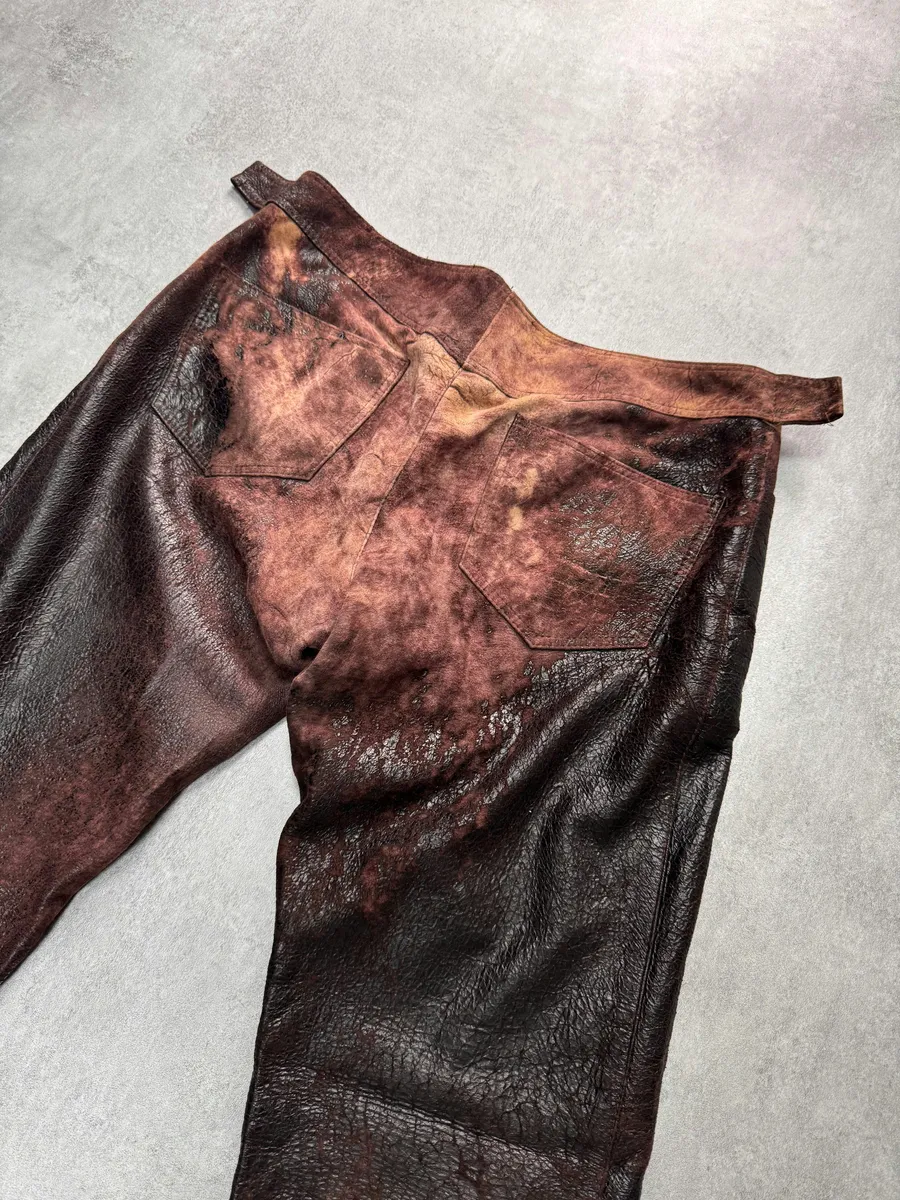 AW2000 Roberto Cavalli Brown Eroded Burnt Leather Pants - Image 4