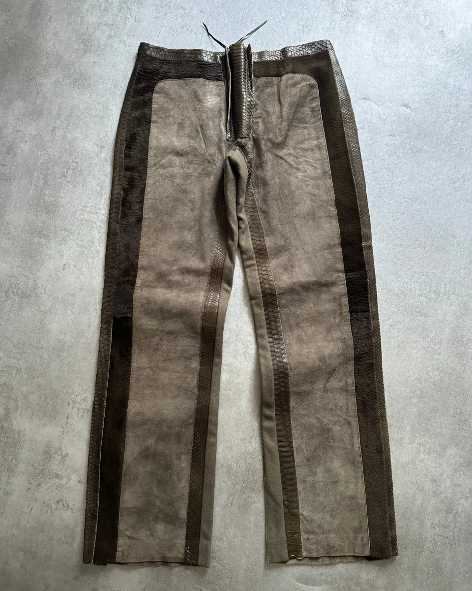 AW2000 Roberto Cavalli Python, Suede Textured Faded Brown Leather Pants