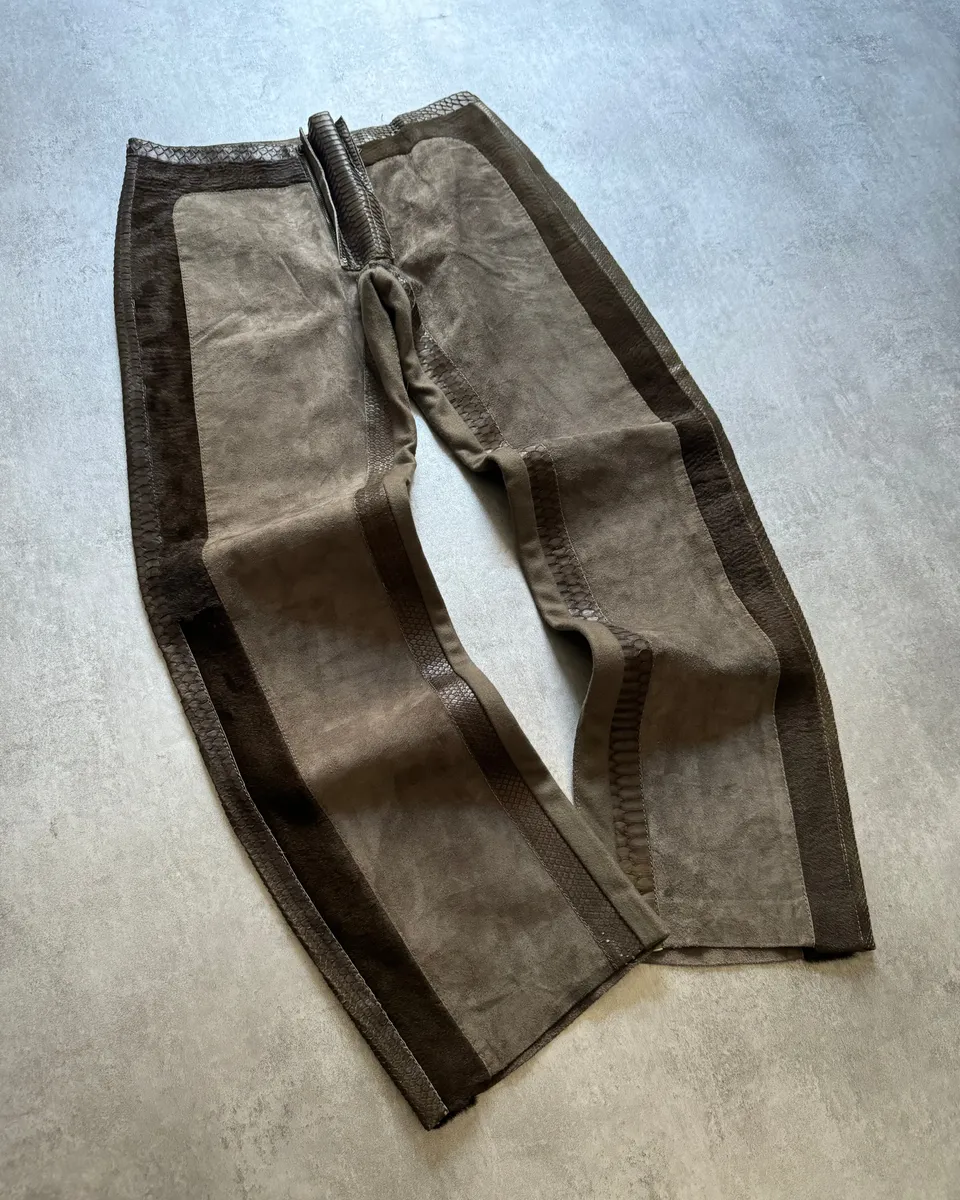 AW2000 Roberto Cavalli Python, Suede Textured Faded Brown Leather Pants - Image 10