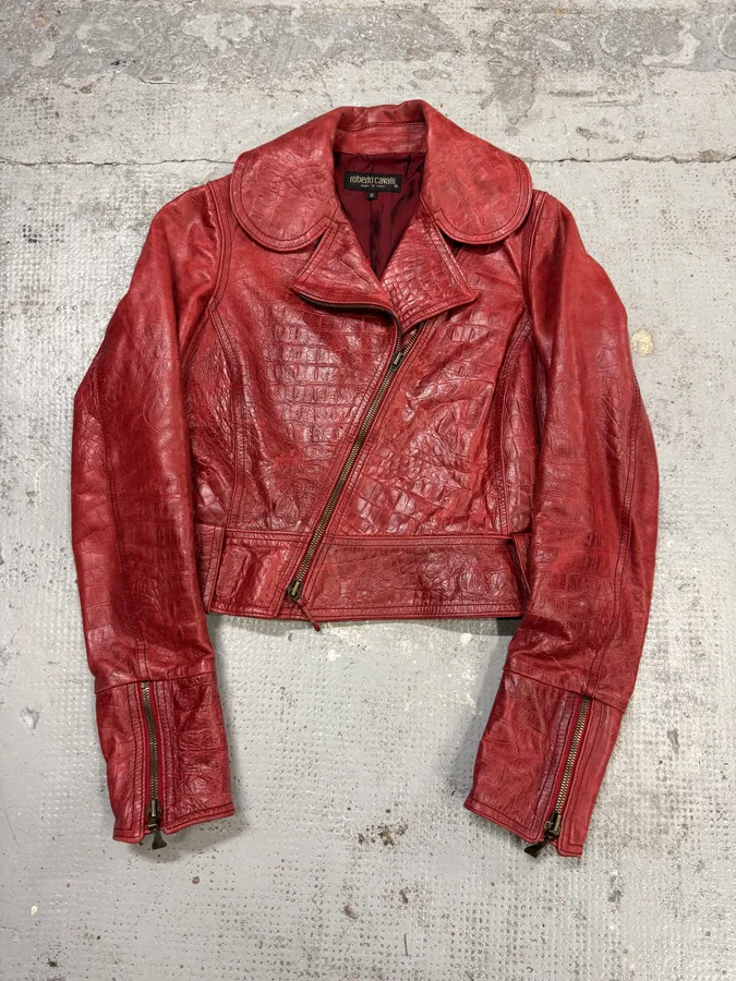 AW2000 Roberto Cavalli Red Crocodile Effect Biker Leather Jacket