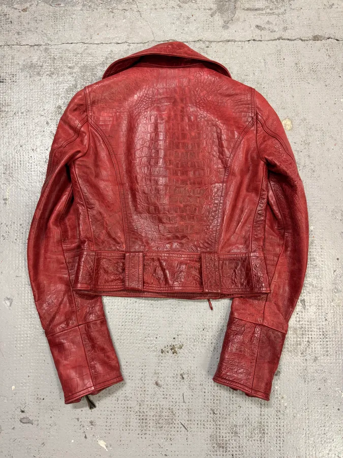 AW2000 Roberto Cavalli Red Crocodile Effect Biker Leather Jacket - Image 3