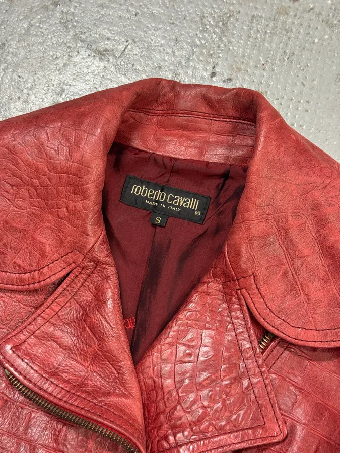 AW2000 Roberto Cavalli Red Crocodile Effect Biker Leather Jacket - Image 4