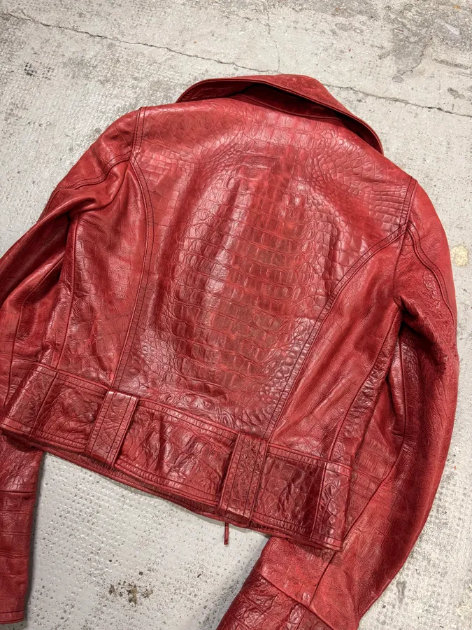 AW2000 Roberto Cavalli Red Crocodile Effect Biker Leather Jacket - Image 6