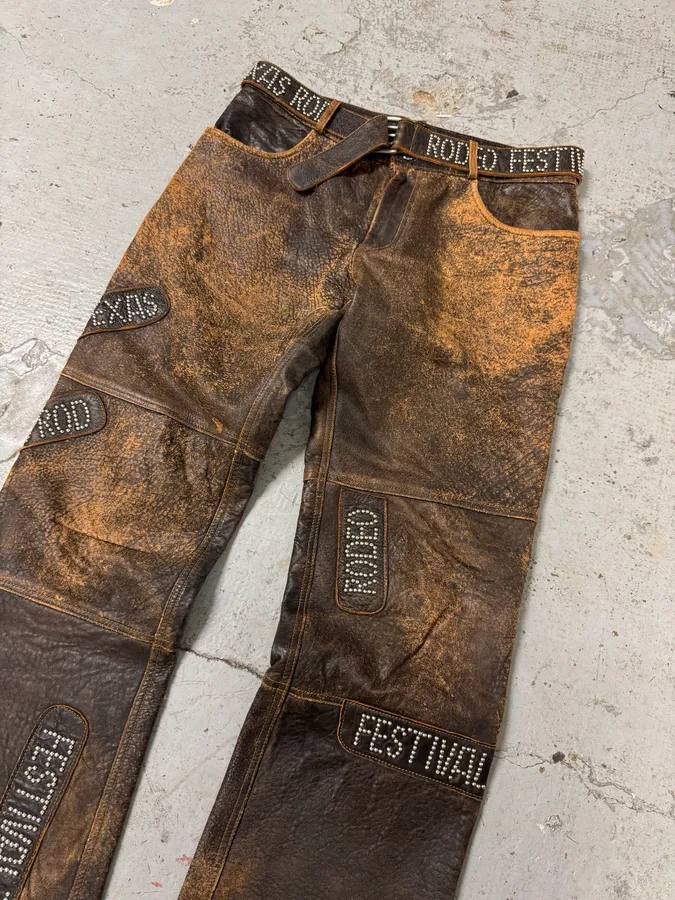 AW2001 Dolce & Gabbana Brown Eroded Studded Leather Texas Rodeo Festival Pants - Image 3