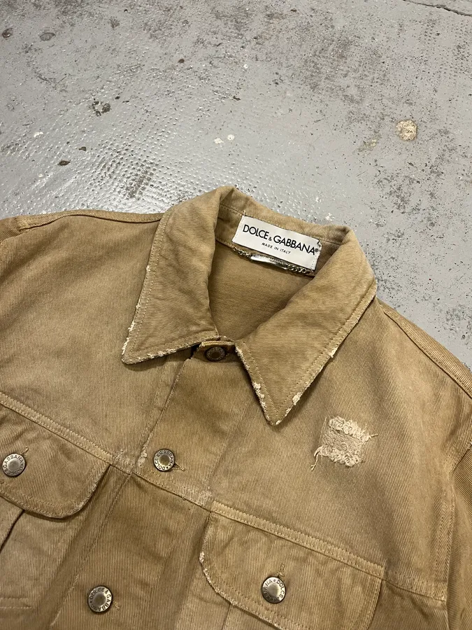 AW2001 Dolce & Gabbana Distressed Beige Denim Jacket - Image 5