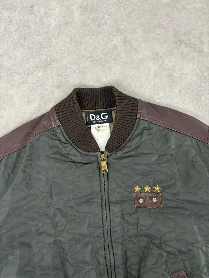 AW2001 Dolce & Gabbana Quilted Olive Hybrid Leather Bomber Jacket - Image 4