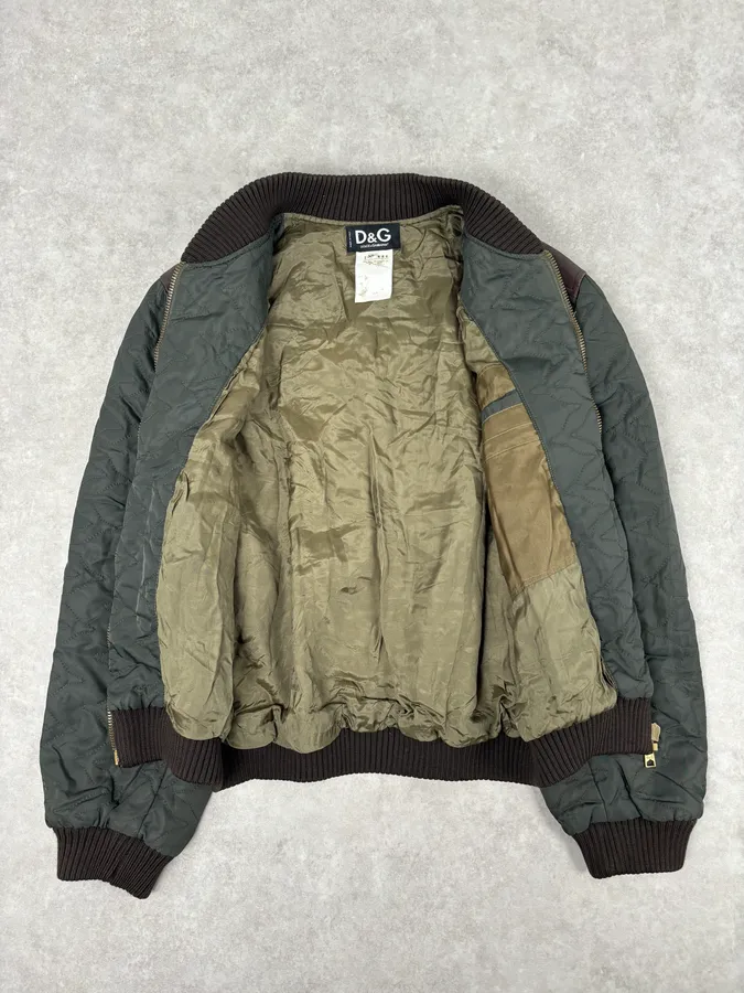 AW2001 Dolce & Gabbana Quilted Olive Hybrid Leather Bomber Jacket - Image 7