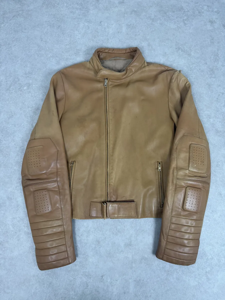 AW2001 Gucci Beige Paded Leither Biker Jacket by Tom Ford