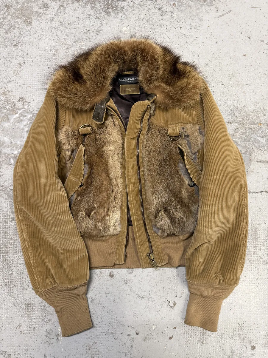 AW2002 Dolce & Gabbana Beige Corduroy & Rabbit Fur Bomber Jacket - Image 7
