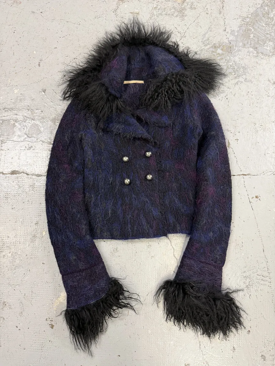AW2002 Roberto Cavalli Navy Purple Mohair Fur Royal Cardigan Jacket - Image 3