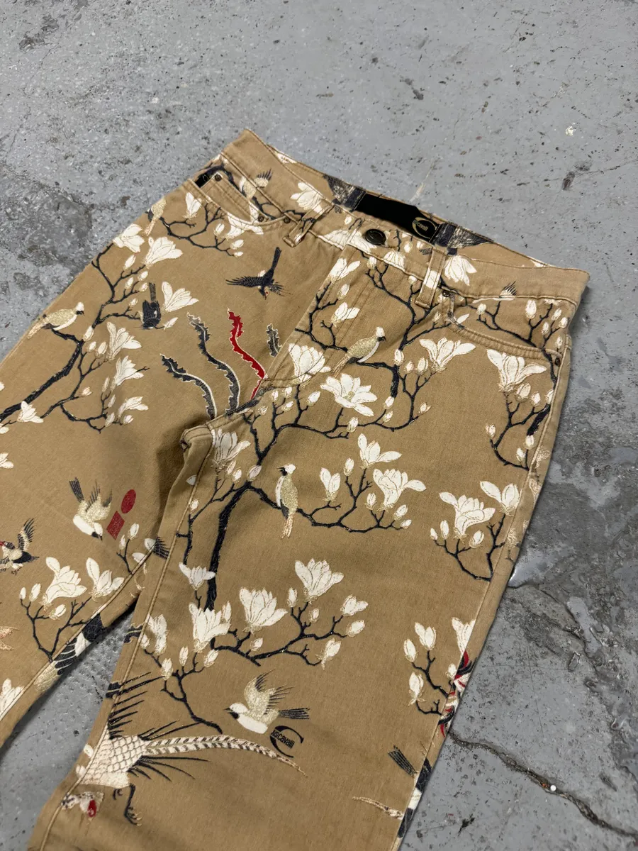 AW2003 Cavalli Asian Bird Flowers Beige Pants - Image 11