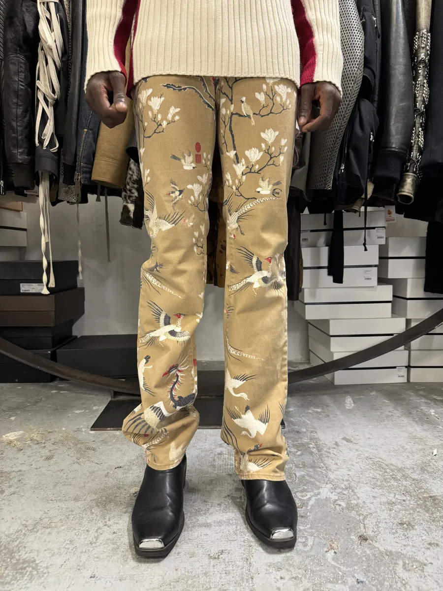 AW2003 Cavalli Asian Bird Flowers Beige Pants - Image 2