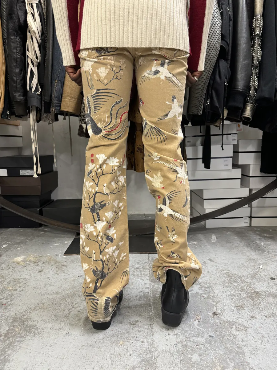 AW2003 Cavalli Asian Bird Flowers Beige Pants - Image 3
