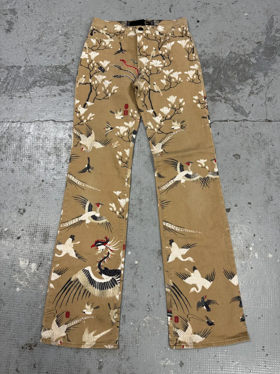 AW2003 Cavalli Asian Bird Flowers Beige Pants - Image 5
