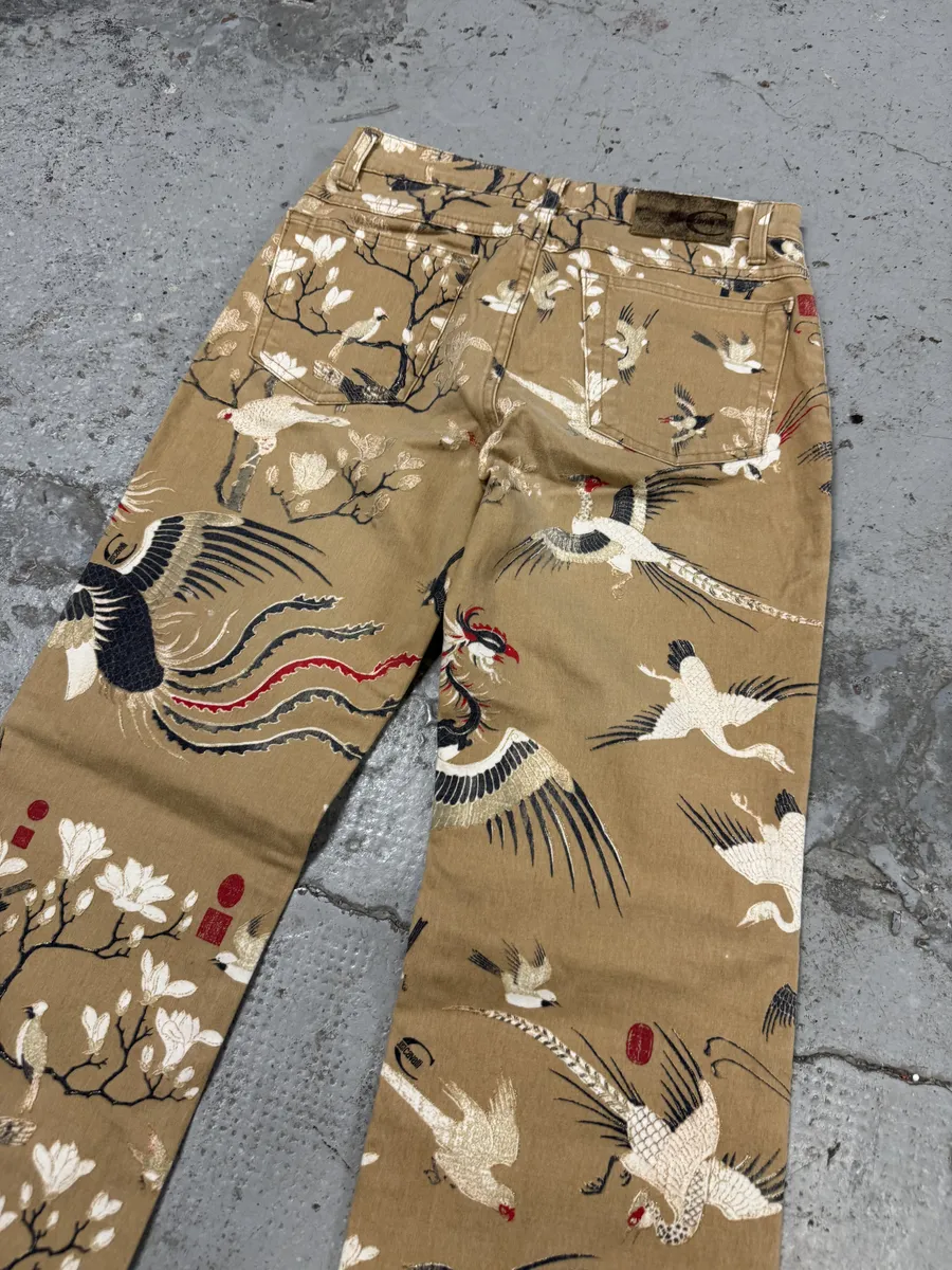AW2003 Cavalli Asian Bird Flowers Beige Pants - Image 7
