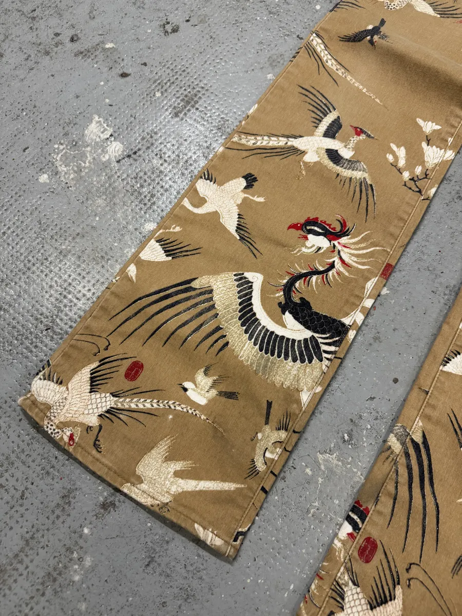 AW2003 Cavalli Asian Bird Flowers Beige Pants - Image 9