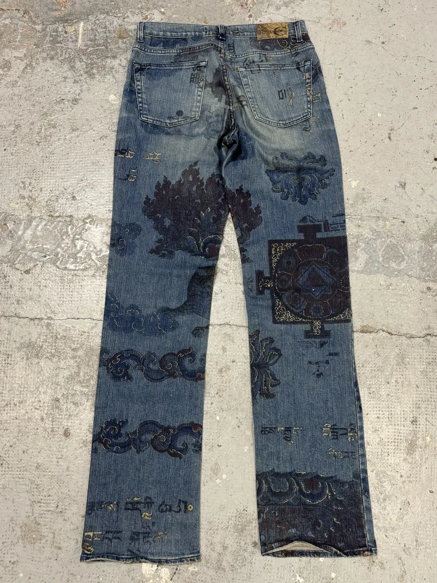 AW2003 Cavalli Blue Asian Gold Print Denim Jeans - Image 2